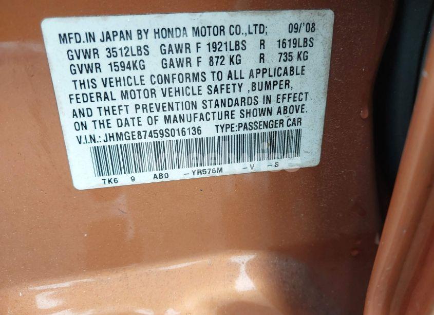 Photo 9 of 2009 Honda Fit SPORT (VIN JHMGE87459S016136)