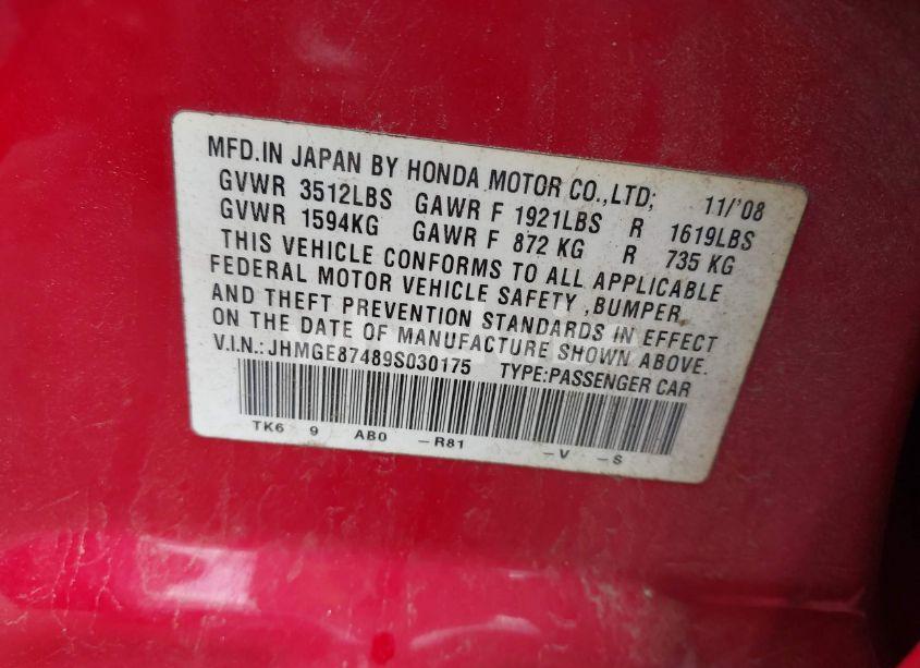 Photo 9 of 2009 Honda Fit SPORT (VIN JHMGE87489S030175)