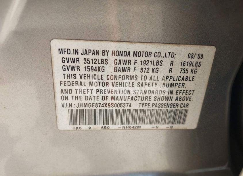 Photo 9 of 2009 Honda Fit SPORT (VIN JHMGE874X9S005374)