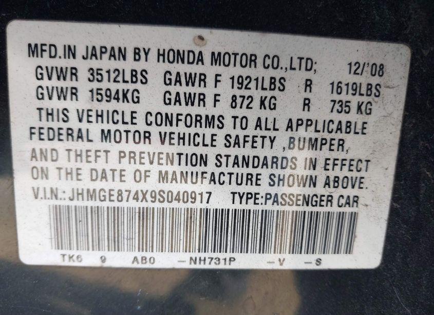 Photo 9 of 2009 Honda Fit SPORT (VIN JHMGE874X9S040917)