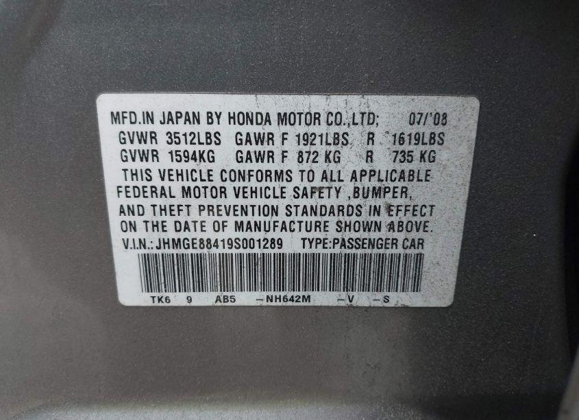 Photo 9 of 2009 Honda Fit SPORT (VIN JHMGE88419S001289)