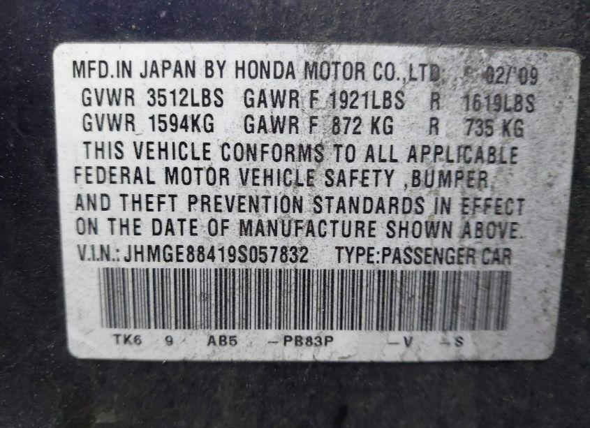 Photo 9 of 2009 Honda Fit SPORT (VIN JHMGE88419S057832)