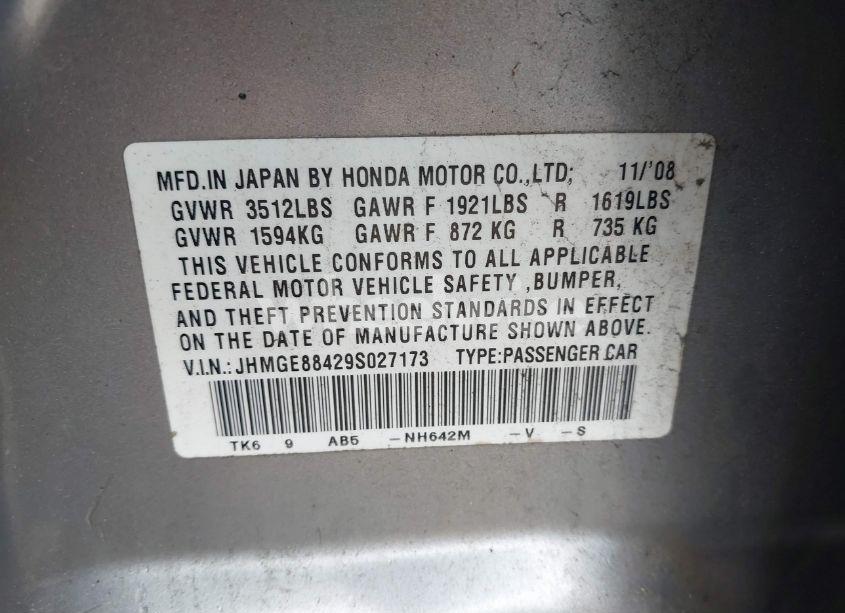 Photo 9 of 2009 Honda Fit SPORT (VIN JHMGE88429S027173)