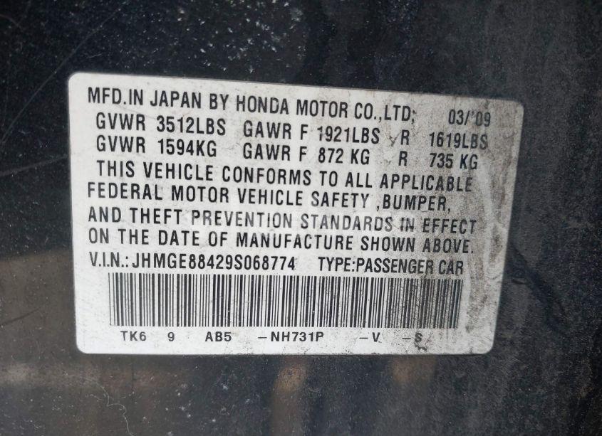 Photo 9 of 2009 Honda Fit SPORT (VIN JHMGE88429S068774)