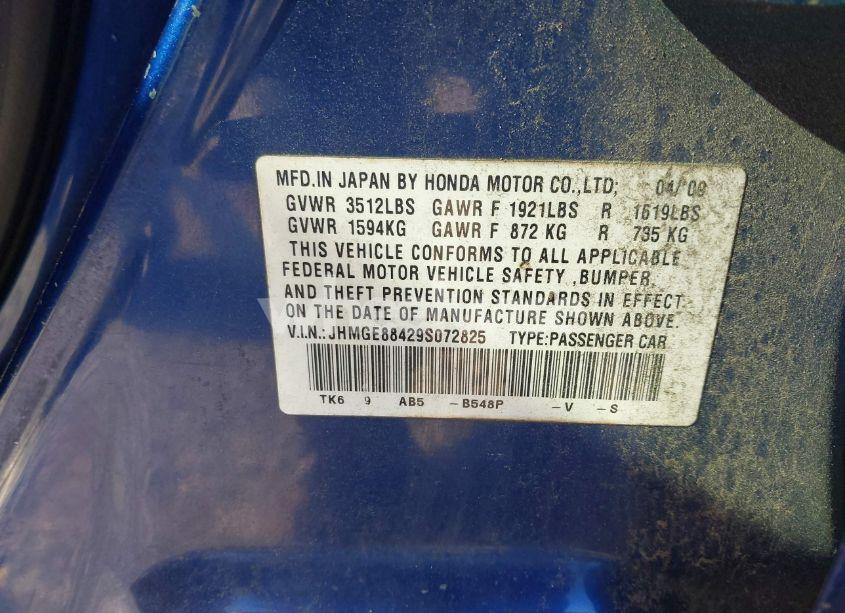 Photo 9 of 2009 Honda Fit SPORT (VIN JHMGE88429S072825)