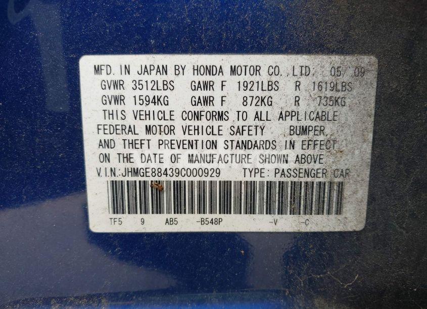 Photo 9 of 2009 Honda Fit SPORT (VIN JHMGE88439C000929)