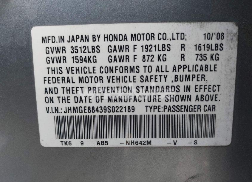 Photo 9 of 2009 Honda Fit SPORT (VIN JHMGE88439S022189)