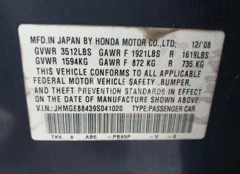 Photo 9 of 2009 Honda Fit SPORT (VIN JHMGE88439S041020)