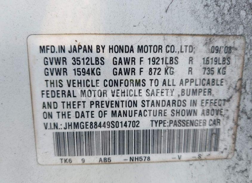 Photo 9 of 2009 Honda Fit SPORT (VIN JHMGE88449S014702)