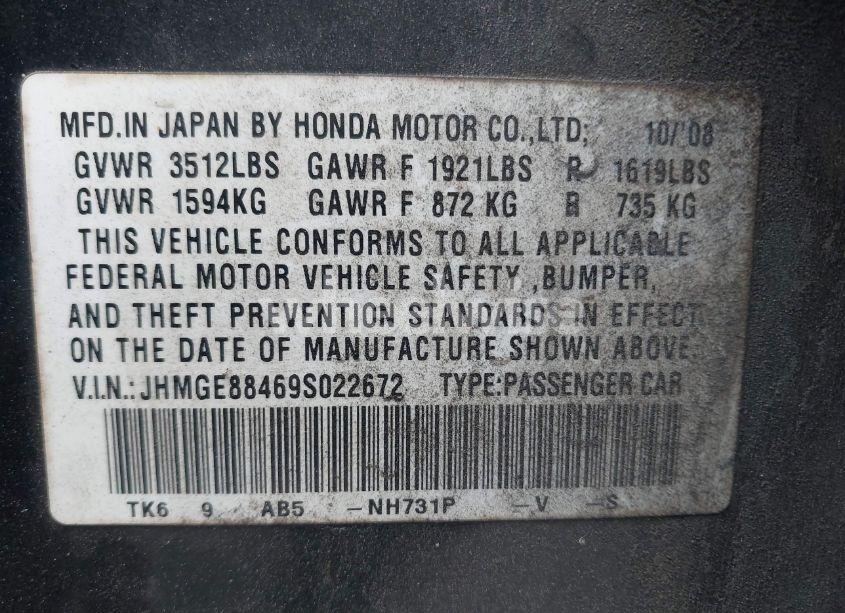 Photo 9 of 2009 Honda Fit SPORT (VIN JHMGE88469S022672)