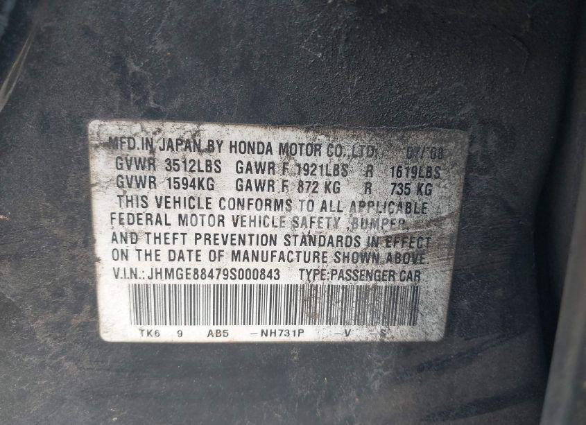 Photo 9 of 2009 Honda Fit SPORT (VIN JHMGE88479S000843)