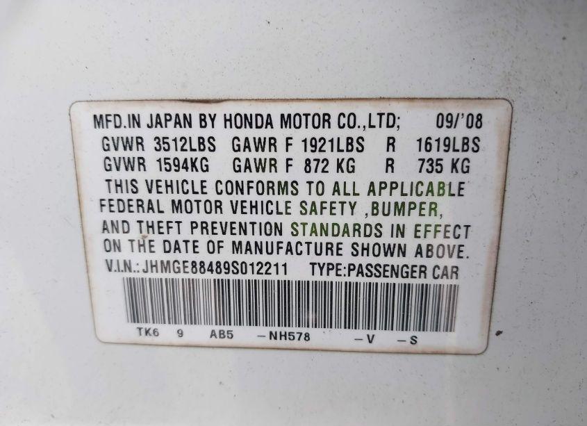 Photo 9 of 2009 Honda Fit SPORT (VIN JHMGE88489S012211)