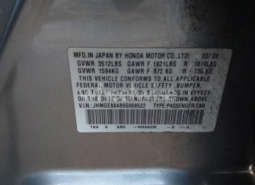 Photo 9 of 2009 Honda Fit SPORT (VIN JHMGE88489S068522)