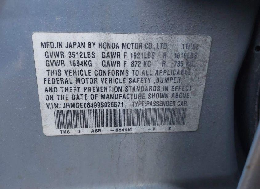 Photo 9 of 2009 Honda Fit SPORT (VIN JHMGE88499S026571)