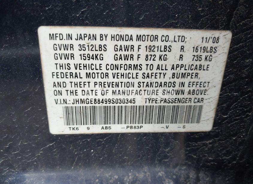 Photo 9 of 2009 Honda Fit SPORT (VIN JHMGE88499S030345)