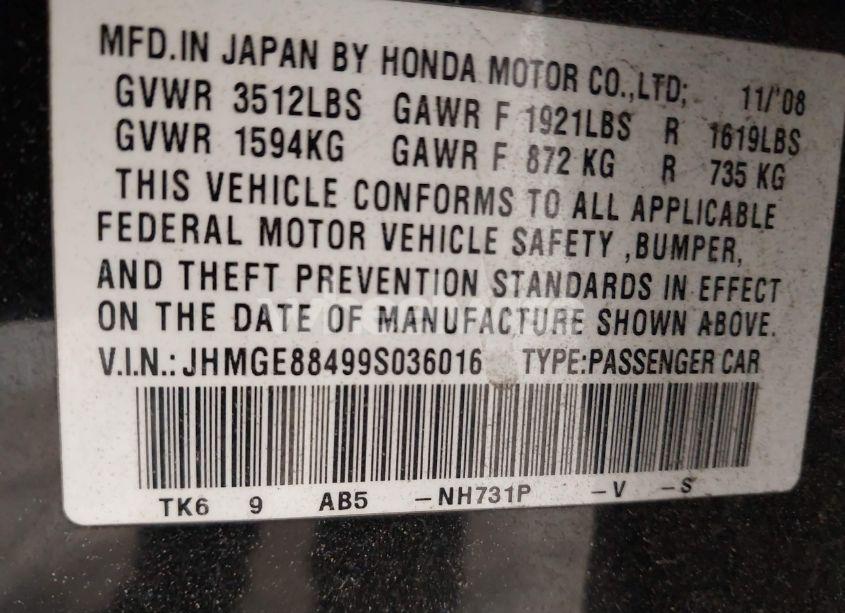 Photo 9 of 2009 Honda Fit SPORT (VIN JHMGE88499S036016)