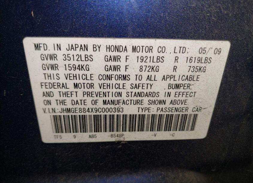 Photo 9 of 2009 Honda Fit SPORT (VIN JHMGE884X9C000393)