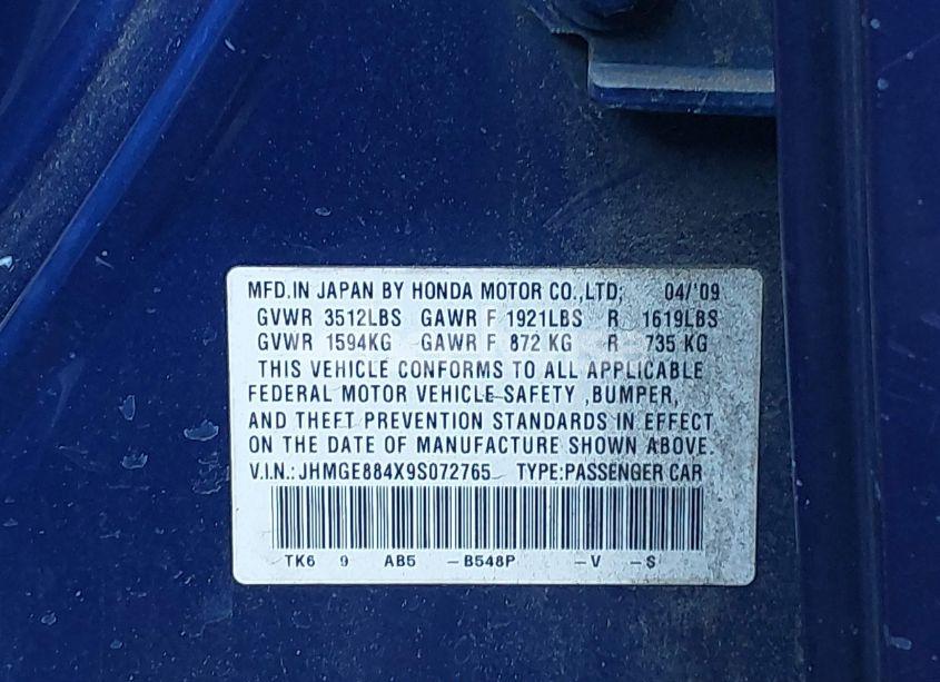 Photo 9 of 2009 Honda Fit SPORT (VIN JHMGE884X9S072765)