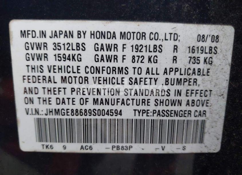 Photo 9 of 2009 Honda Fit SPORT (VIN JHMGE88689S004594)