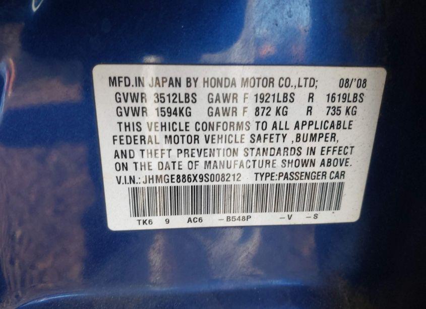 Photo 9 of 2009 Honda Fit SPORT (VIN JHMGE886X9S008212)