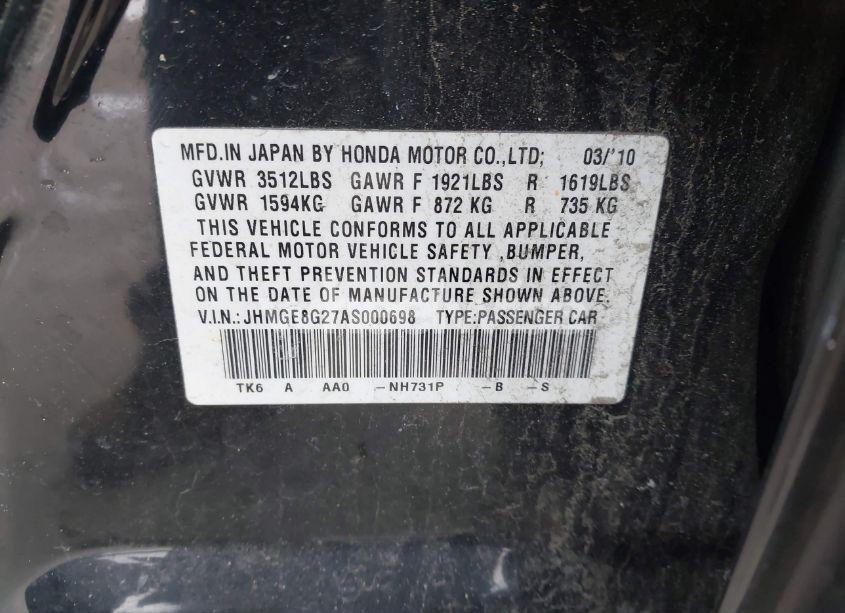 Photo 9 of 2010 Honda Fit (VIN JHMGE8G27AS000698)