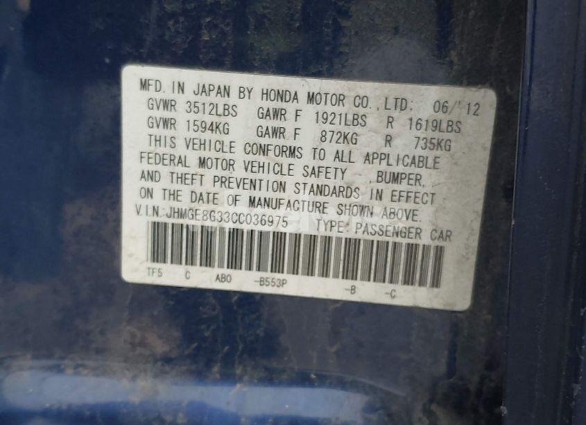 Photo 9 of 2012 Honda Fit BASE (M5) (VIN JHMGE8G33CC036975)