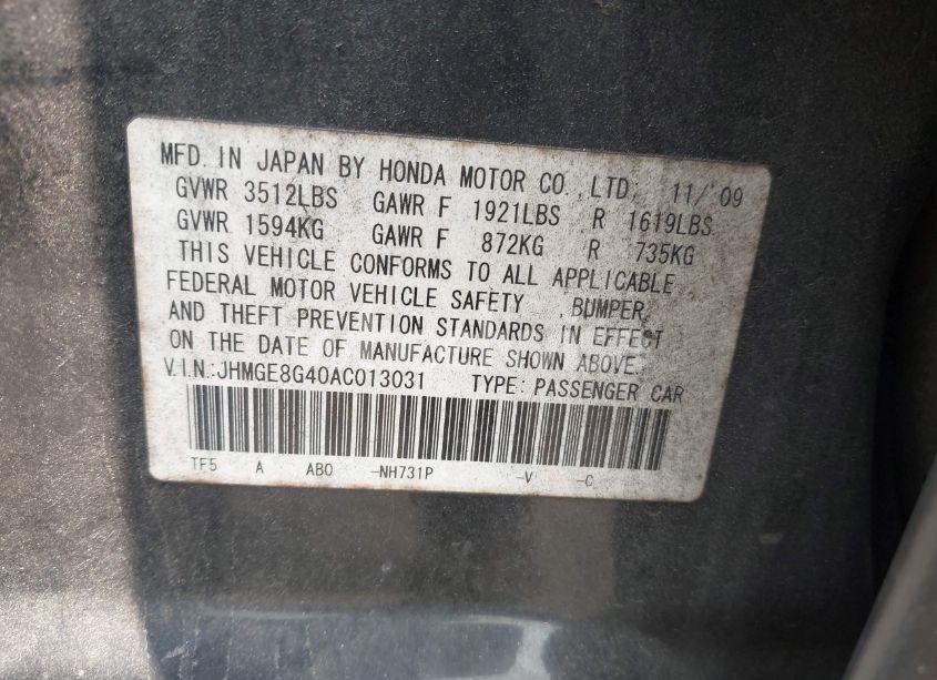 Photo 9 of 2010 Honda Fit SPORT (VIN JHMGE8G40AC013031)