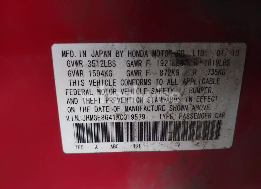 Photo 9 of 2010 Honda Fit SPORT (VIN JHMGE8G41AC019579)