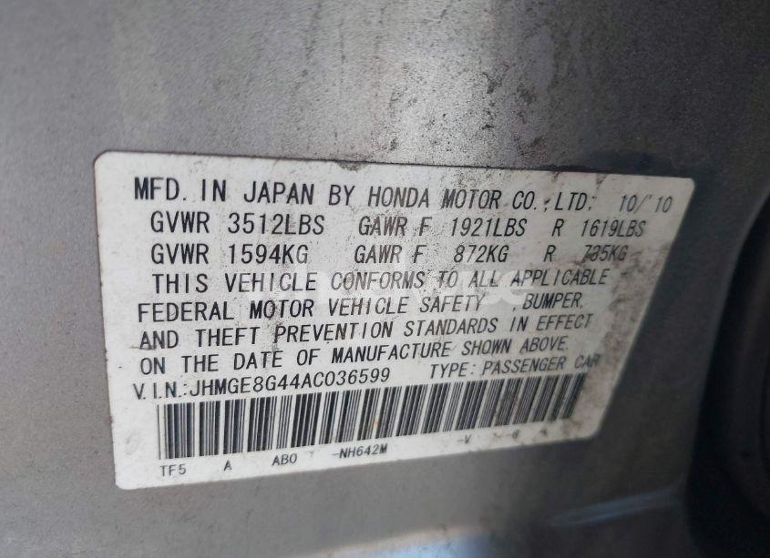 Photo 9 of 2010 Honda Fit SPORT (VIN JHMGE8G44AC036599)