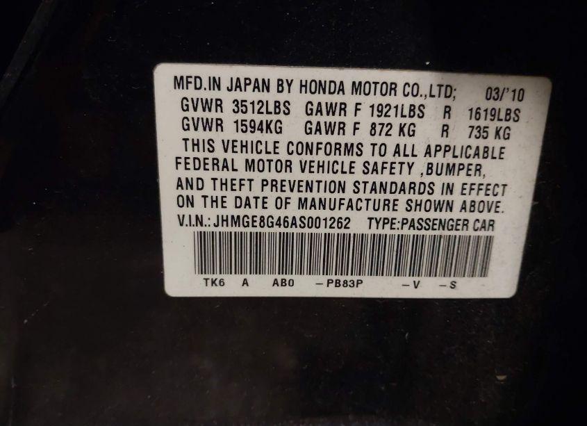 Photo 9 of 2010 Honda Fit SPORT (VIN JHMGE8G46AS001262)