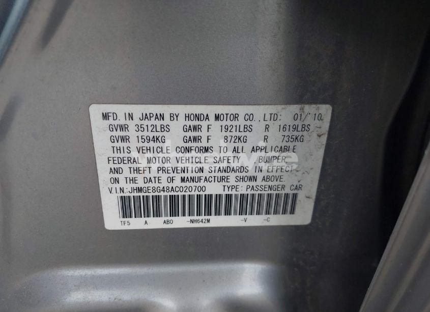 Photo 9 of 2010 Honda Fit SPORT (VIN JHMGE8G48AC020700)