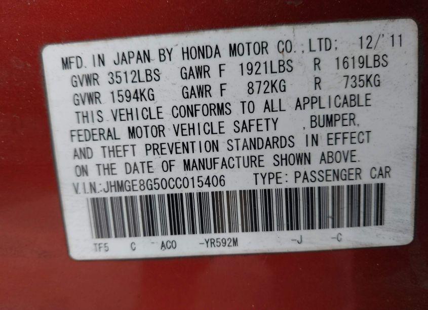 Photo 9 of 2012 Honda Fit SPORT (VIN JHMGE8G50CC015406)