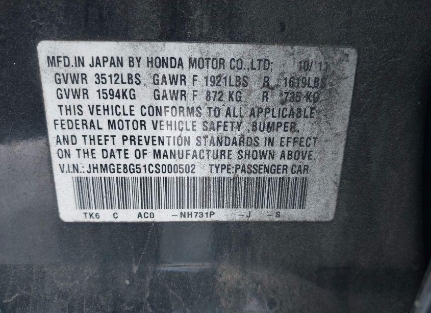 Photo 9 of 2012 Honda Fit SPORT (VIN JHMGE8G51CS000502)