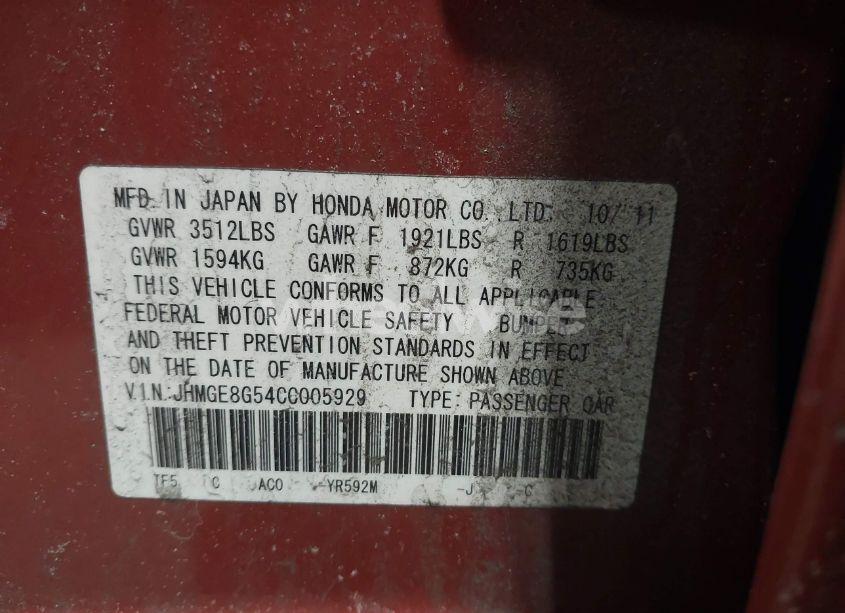 Photo 9 of 2012 Honda Fit SPORT (VIN JHMGE8G54CC005929)