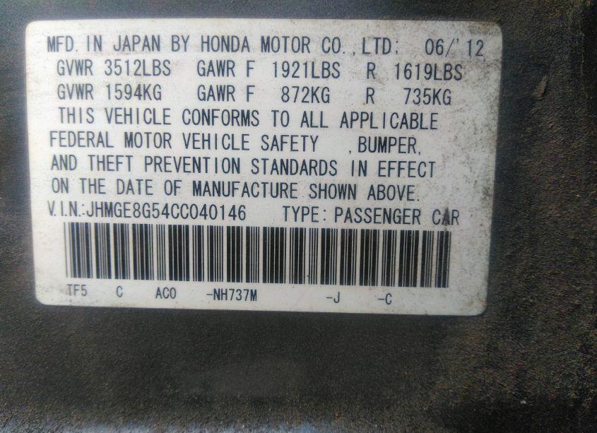 Photo 9 of 2012 Honda Fit SPORT (VIN JHMGE8G54CC040146)