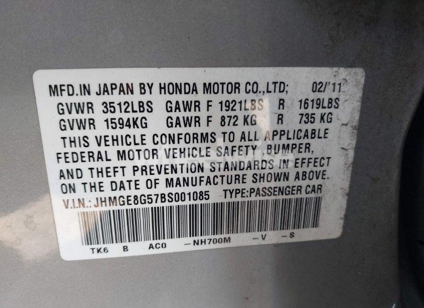 Photo 9 of 2011 Honda Fit SPORT (VIN JHMGE8G57BS001085)