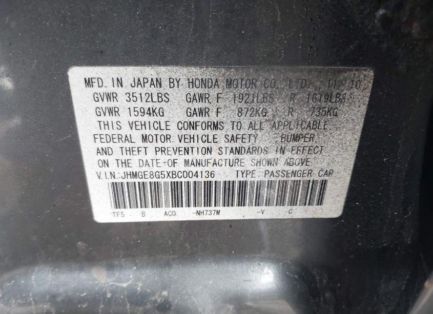 Photo 9 of 2011 Honda Fit SPORT (VIN JHMGE8G5XBC004136)