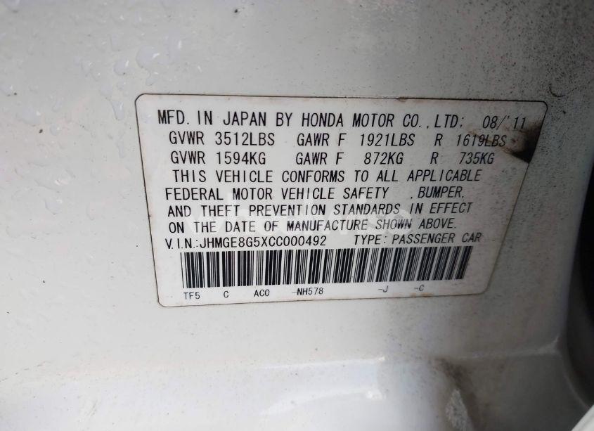 Photo 9 of 2012 Honda Fit SPORT (VIN JHMGE8G5XCC000492)