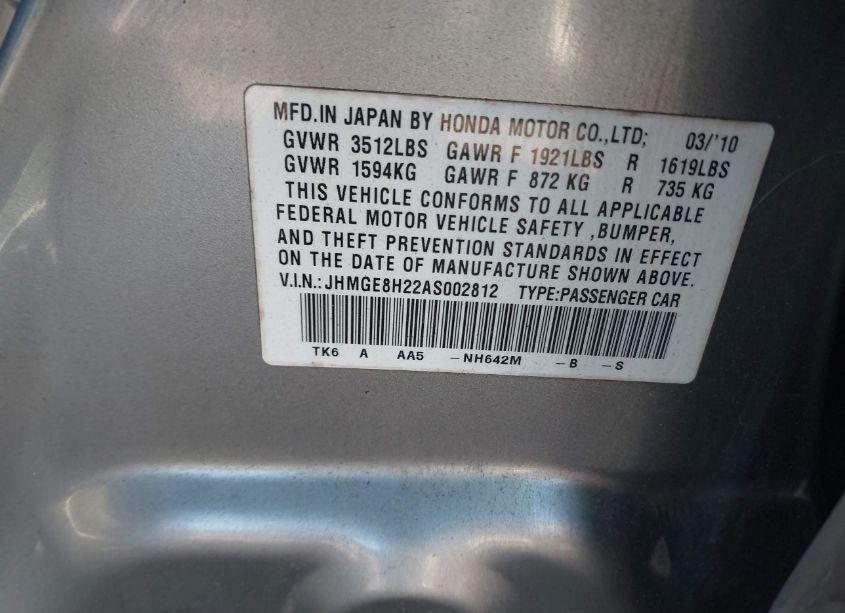 Photo 9 of 2010 Honda Fit (VIN JHMGE8H22AS002812)