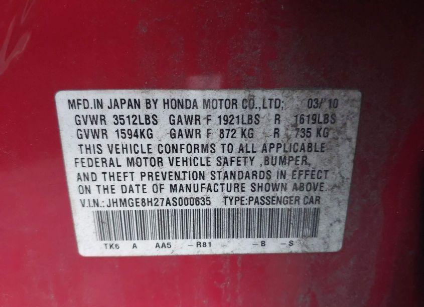 Photo 9 of 2010 Honda Fit (VIN JHMGE8H27AS000635)