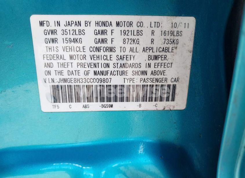 Photo 9 of 2012 Honda Fit (VIN JHMGE8H33CC009807)