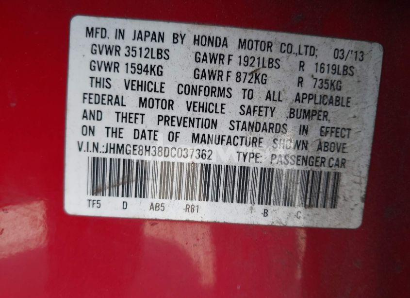 Photo 9 of 2013 Honda Fit (VIN JHMGE8H38DC037362)