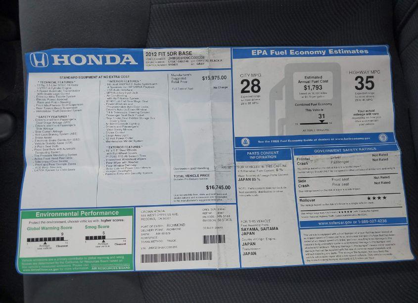 Photo 12 of 2012 Honda Fit (VIN JHMGE8H39CC000206)