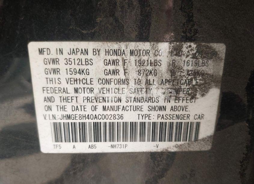 Photo 9 of 2010 Honda Fit SPORT (VIN JHMGE8H40AC002836)