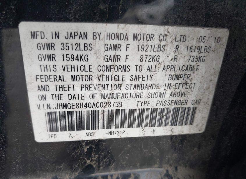 Photo 9 of 2010 Honda Fit SPORT (VIN JHMGE8H40AC028739)