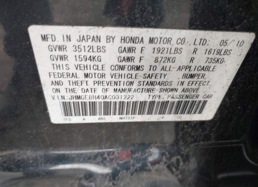 Photo 9 of 2010 Honda Fit SPORT (VIN JHMGE8H40AC031222)