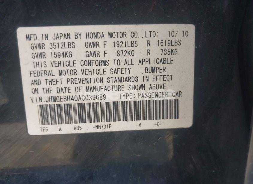 Photo 9 of 2010 Honda Fit SPORT (VIN JHMGE8H40AC039689)