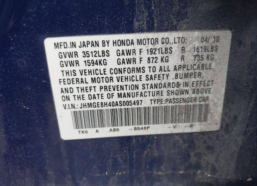 Photo 9 of 2010 Honda Fit SPORT (VIN JHMGE8H40AS005497)