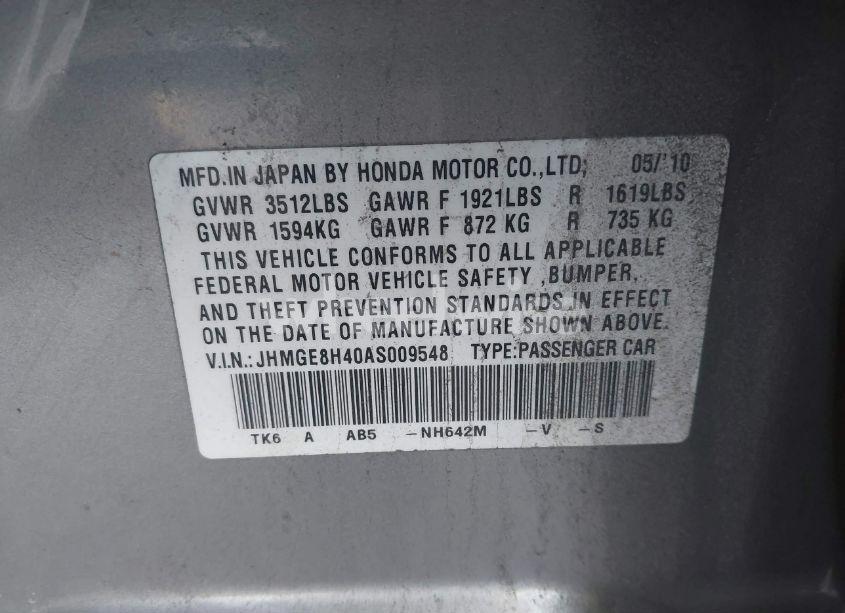 Photo 9 of 2010 Honda Fit SPORT (VIN JHMGE8H40AS009548)