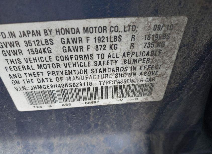 Photo 9 of 2010 Honda Fit SPORT (VIN JHMGE8H40AS028116)